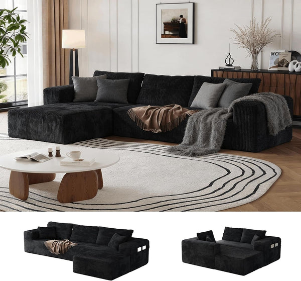 Boneless Sectional Couch Black L Shape Sofa Ottoman with Recliner Bed Memory Foam Modular Cloud No Bones in a Box Boundless Comfort for Living Room Compression Corduroy Fabric Deep Seat Easy Assembly1