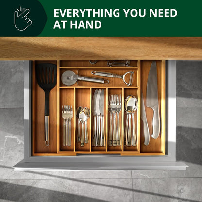Luxury Bamboo Kitchen Drawer Organizer - Silverware Organizer, Utensil Holder & Cutlery Tray Drawer Dividers for Flatware (9 Slot, Natural)9