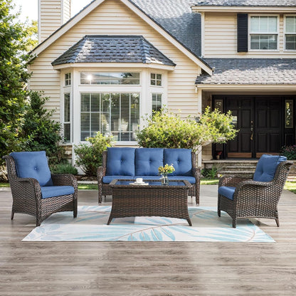 High Back Patio Chairs Set of 2 - Brown Wicker Chairs Outdoor Seating, 4" Wide Armrests Rattan Outdoor Club Chair with Blue Removable Cushion for Deck Porch Backyard8