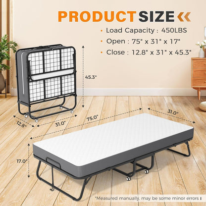 Folding Bed with 5 Inch Memory Mattress, 75” X 31” Foldable Single Cot Size with Wheels for Adults, Portable Rollaway Bed with Metal Frame for Apartment3