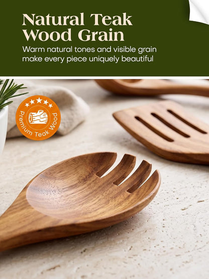 Teak Wood 8-Piece Wooden Kitchen Utensils Set, Wooden Spoons for Cooking, Smooth Wood Spatula Set for Nonstick Cookware, Daily Cooking, Housewarming Gift7