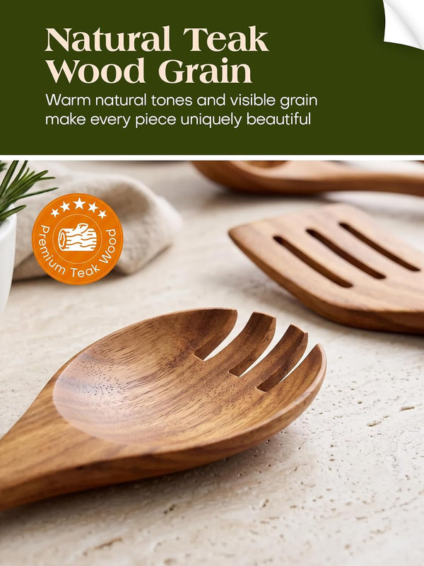 Teak Wood 8-Piece Wooden Kitchen Utensils Set, Wooden Spoons for Cooking, Smooth Wood Spatula Set for Nonstick Cookware, Daily Cooking, Housewarming Gift7