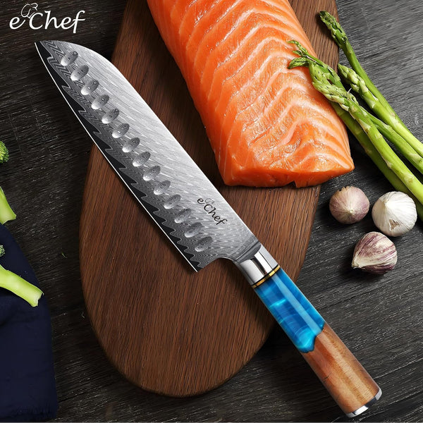 7-Inch Santoku Knife, Professional Damascus VG10 Steel Kitchen Chef Knife, Wood Grain Resin Handle, Comes with Gift Box (7.5-Inch Santoku Knife)2