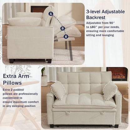 Sleeper Sofa with Pull Out Couch Bed, 48" Convertible Pull-Out Sofa Bed Chair, 3-In-1 Futon Couch with Reclining Backrest and Side Pockets for Living Room Bedroom Apartment, Beige4