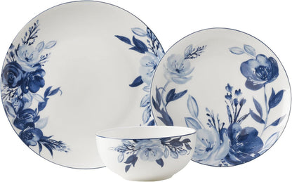 Darcy Bone China Lightweight Chip Resistant 12 Piece Dinnerware Set, Service for 4,Blue and White2
