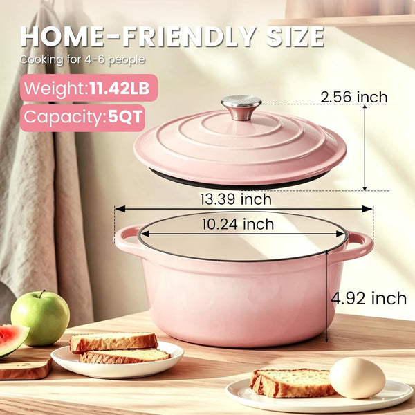 5 Qt Enameled Cast Iron Dutch Oven with Lid, Pink | for Sourdough Bread Baking, Oven Safe to 500°F, Works on All Stovetops, Serves 4-68