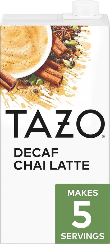 TAZO Decaf Chai Latte, Black Tea Concentrate, Easy-To-Serve Chai Tea for Everyday Lattes, Hot or Iced Tea and Mocktails, 32 Oz Tea Mix Carton | Decaffeinated Black Tea with Cinnamon, Cardamom, Ginger and Black Pepper Spices for Hot or Iced Chai Tea Lattes1