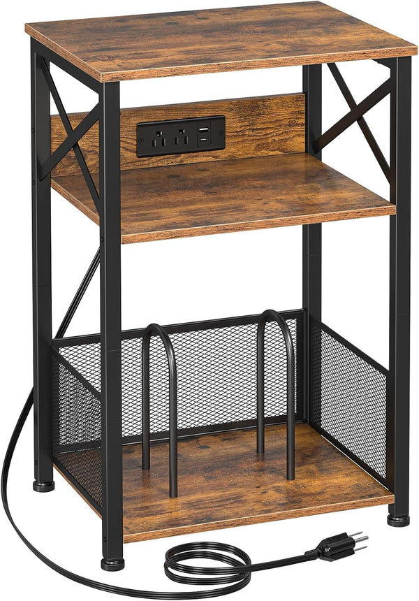 Record Player Stand with Charging Station, Vinyl Record Storage | Turntable Stand with Type-C, Vinyl Record Player Table Holds 100 Albums, 3 Tier End Table Living Room, Rustic Brown1