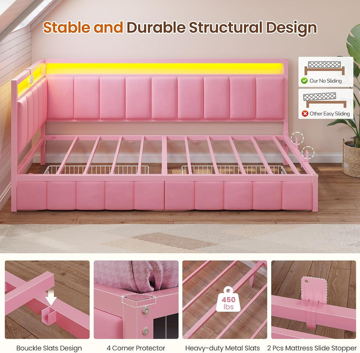 twin-corner-bed-frame-with-2-storage-drawers-and-charging-station-velvet-girls-platform-bed-frame-twin-size-with-led-lights-and-upholstered-guardrail-twin-size-daybed-for-kids-and-teen-pink