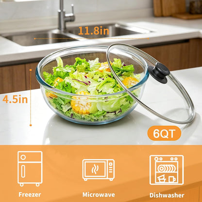 6 Qt Large Glass Mixing Bowl with Glass Lid, Clear Glass Bowl for Sourdough Salad Bowls with Lid & Handle,Thickened Glass Big Mixing Bowls Cooking Bowl for Food Prep, Kitchen,Dinner2