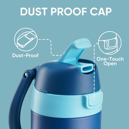 18 Oz Insulated Water Bottle, Stainless Steel Water Bottle with 2-In-1 Straw and Push-Button Spout Lid, Keeps 24 Hours Cold, Double Wall Vacuum Leak-Proof & Bpa-Free for Sports, Travel, Blue8
