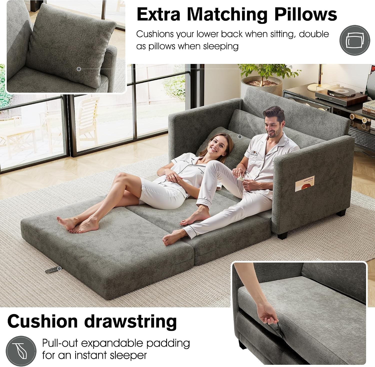 51-loveseat-sleeper-sofa-bed-chenille-convertible-floor-sofa-bed-for-small-spaces-folding-couch-bed-with-deep-seat-2-pillows-solid-frame-pull-out-floor-couch-for-living-room-grey