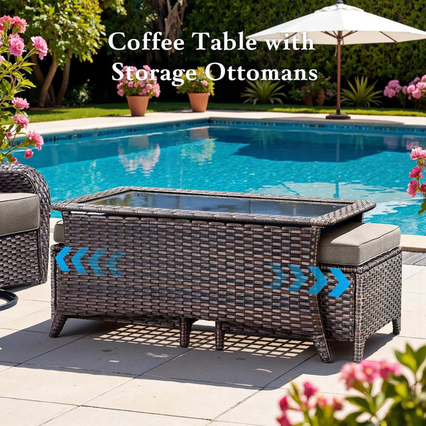 Luxury 6" Thick Cushioned 7 Pieces Patio Furniture Set with Outdoor Couch, Wicker Outdoor Conversation Set with High Back Swivel Rocker Chairs for Deck Porch Yard and Poolside - Brown+Grey8