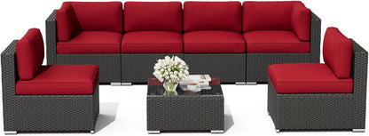 7-Piece Outdoor Patio Furniture Black Rattan Wicker Sectional Sofa Conversation Set with Glass Top Table and Cushions (Red)7