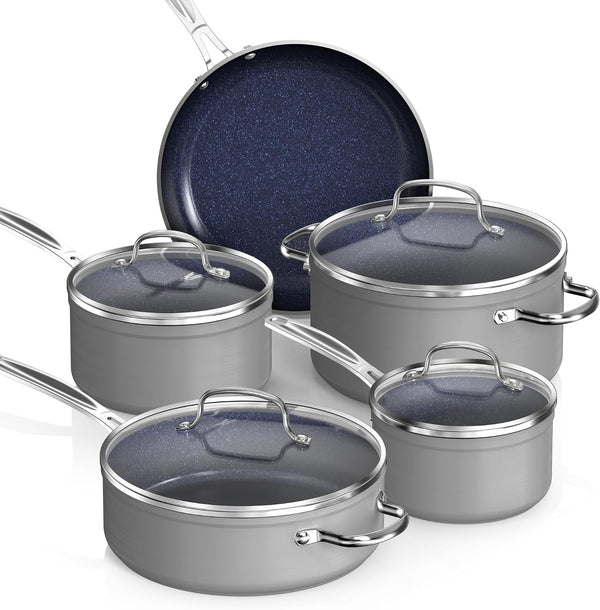 Healthy Duralon Blue Ceramic Nonstick Coated 9Pc Cookware Set | Scratch-Resistant Diamond Infused, PFAS Free, Induction Ready & Evenly Heats, Oven Safe, Tempered Glass Lids1