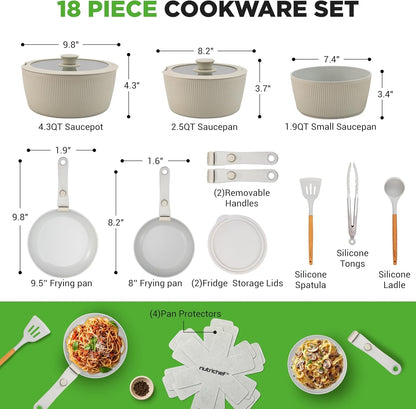 18-Piece Ceramic Cookware Set with Detachable Handles, Space-Saving Nonstick Pots, Pans & Lids, Oven-Safe Bowls, Stackable Storage, Includes Cooking Utensils & Accessories (Green)8