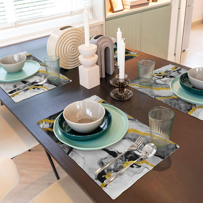 Black White and Gold Marble Linen Placemats Set of 4, Modern Luxury Washable Non-Slip Heat-Resistant Durable Kitchen Table Mats for Dining Table, Luxury Home Kitchen Decor Essential, Black Grey Gold3