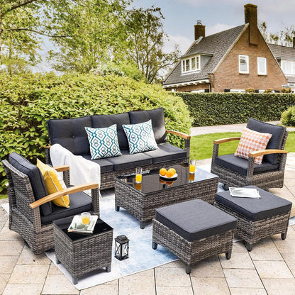 7 Pieces Patio Furniture Sets,Wicker Outdoor Conversation Sets with 2 Wood Armrests Swivel Rocker Chairs, 2 Ottoman, 3-Seat Sofa and Coffee Table(Grey)1
