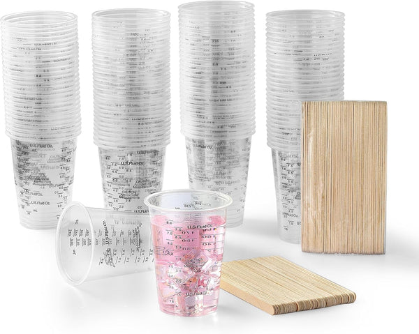 120Pcs 8Oz Graduated Clear Plastic Resin Epoxy Paint Measuring Cups with 120Pcs Wooden Stirring Sticks for Mixing Paint, Pigments, Epoxy Resins, Resins1
