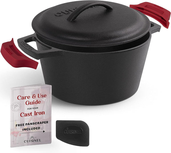Cast Iron Dutch Oven - 3-Quart Deep Pot + Lid + Pan Scraper + Handle Covers - Large Pre-Seasoned Cooker for Baking Bread, Soup, Frying - Indoor/Outdoor - BBQ Cookware. PFAS and Pfoa-Free1