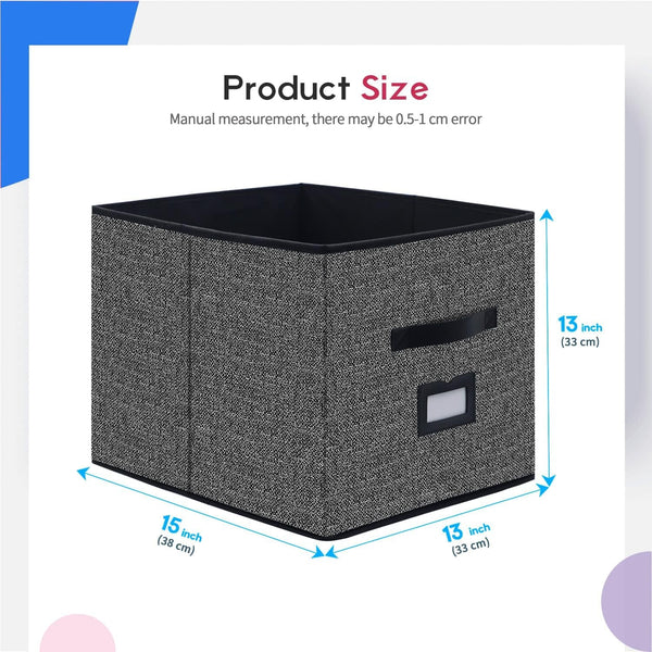 Extra Large Foldable Cloth Storage Cubes 4 Pack with Label Holders - Fabric Storage Bins Baskets Organizers for Home Office Nursery with Handles, 13 L X 15 W X 13 H Inch, Black, MXABXL04PLP2