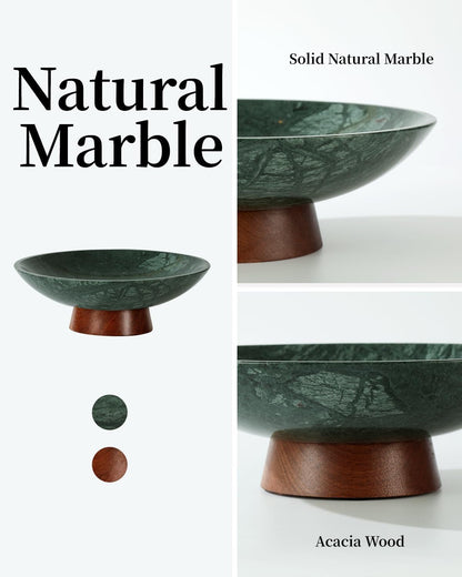 Marble Decorative Bowl, 11” Large Centerpiece for Table, Fruit Bowl for Kitchen Counter, Coffee Table or Entryway Decor, Natural Marble with Wood Base, Unique Home Gift - Green5