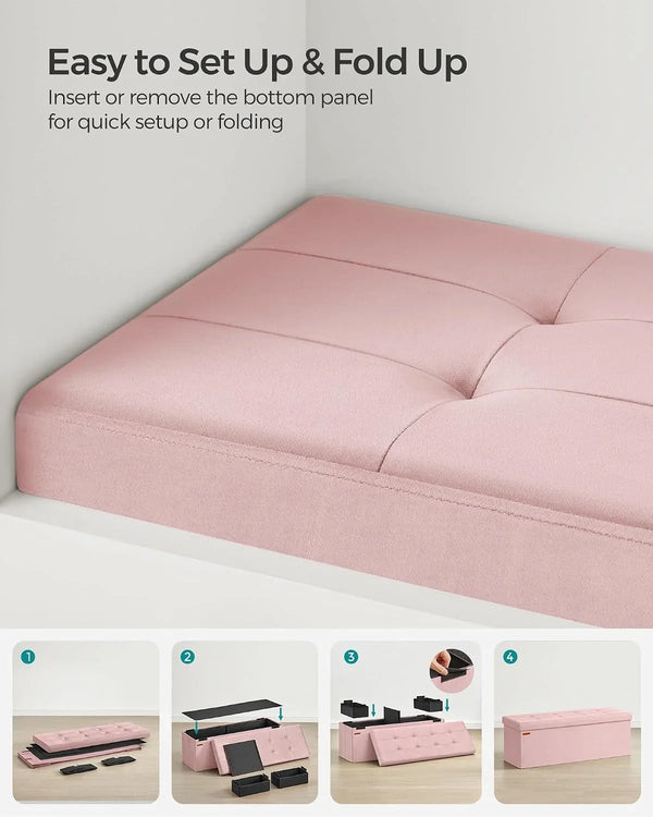 SONGMICS Mazie Collection - Storage Ottoman Bench, Foldable Foot Rest, 15 X 43 X 15 Inches, End of Bed Bench, Storage Chest, Load 660 Lb, Living Room, Bedroom, Entryway, Jelly Pink ULSF277R017
