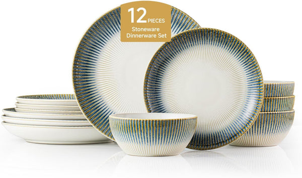 12-Piece Stoneware Dinnerware Set, Blue Reactive Glaze for 41