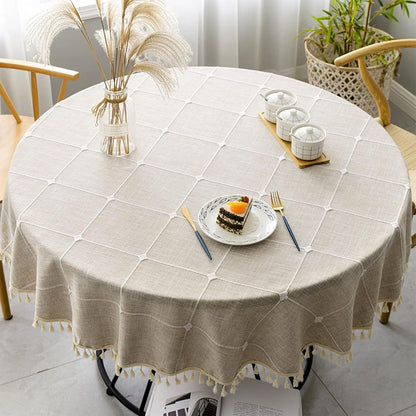 Round Tablecloth, Boho Plaid Tassel round Table Cloth, Heavy Weight Cotton Linen Table Cover for Kitchen Dining Farmhouse Party Tabletop Christmas Picnic Decoration (55Inch, Beige)1