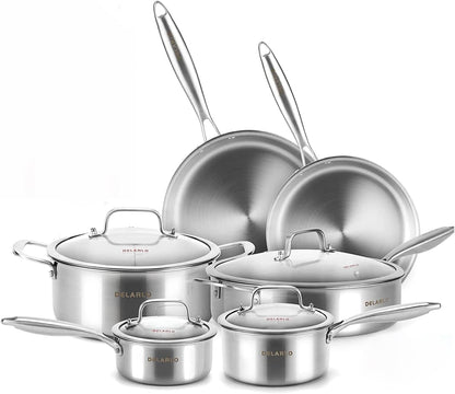 Tri-Ply Stainless Steel Kitchen Cookware Set with Lid,14-Piece Pot | Heats Quickly and Evenly; Compatible with Induction, Gas, Electric, and Ceramic Cooktops.1