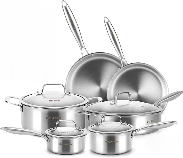 Tri-Ply Stainless Steel Kitchen Cookware Set with Lid,14-Piece Pot | Heats Quickly and Evenly; Compatible with Induction, Gas, Electric, and Ceramic Cooktops.1