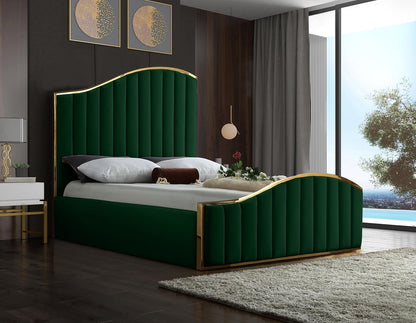Meridian Furniture Jolie Collection Modern | Contemporary Velvet Upholstered Bed with Channel Tufting, and Polished Gold Metal Frame, Green, Queen2