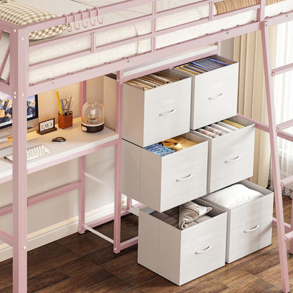 Twin Loft Bed with Desk and 6 Storage Drawers, Charging Station & LED, Pink4