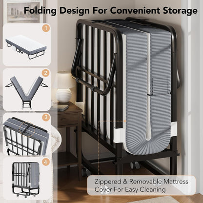 Folding Bed with 5 Adjustable Backrest Rollaway Guest Beds with Wheels 75"X31" Twin Size Space-Saving Cot-Size Bed Easy Assembly7