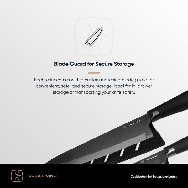 3-Piece Kitchen Knife Set - Black Nonstick Titanium Plated Stainless Steel Ultra Sharp 8 Inch Chef, 5 Inch Utility, 3.5 Inch Paring Cooking Knives with Matching Sheaths8