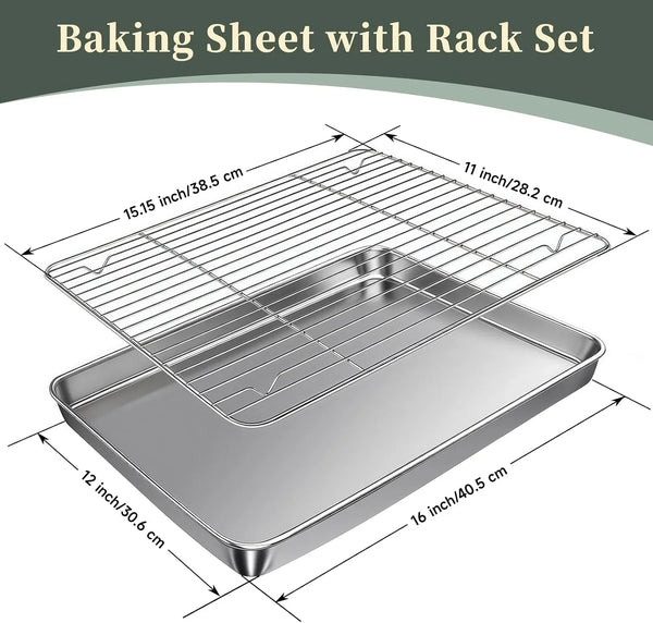 Baking Sheet with Rack Set (2 Pans + 2 Racks), 16 X 12 X 1 Inch Stainless Steel Cookie Sheet Baking Pan Tray with Cooling Rack, Jelly Roll Pan with Wire Rack, Warp Resistant & Heavy Duty & Rust Proof2