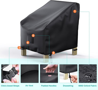 2 Pack Outdoor Patio Chair Covers Waterproof 38"Wx31"Dx29"H, Black | Patio Furniture Covers Protect from Rain, Dust & UV; Heavy-Duty Oxford Fits Lounge, Deep Seat & High Back Chairs on Lawns7