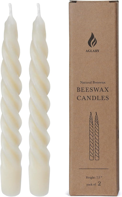 2PCS 7-Inch Pure Beeswax Spiral Taper Candles, Cream White, Dripless1