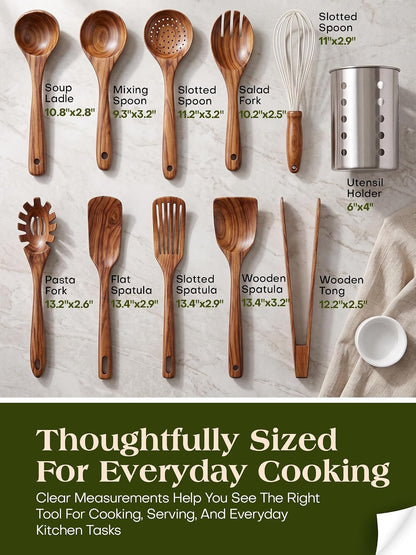 11-Piece Natural Teak Wood Kitchen Utensil Set with Holder, Wooden Spoons and Cooking Utensils for Nonstick Cookware, Includes Spatulas, Ladle and Whisk2