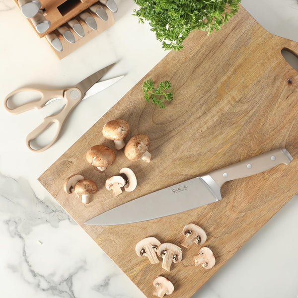 Sur La Table Kitchen Essentials Knife Set with Block, 14-Piece Forged German Steel Kitchen Knives, Beech Wood Block, Chef, Santoku, Bread & Steak Knives, Shears & Sharpener - Taupe2