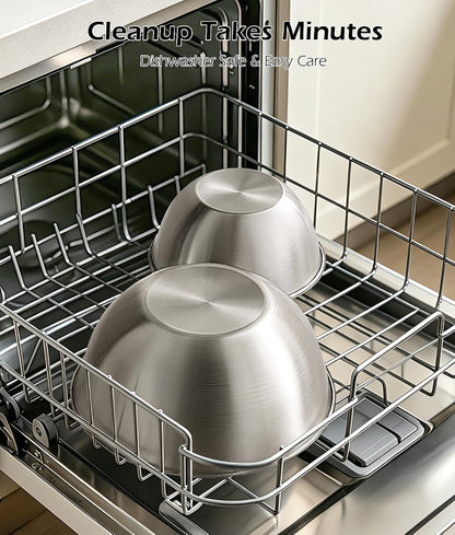 Stainless Steel Mixing Bowls Set of 4 with Colander, Nesting Metal Kitchen Bowls with Measurement Marks for Mixing, Prep, Salad & Baking, Dishwasher Safe8