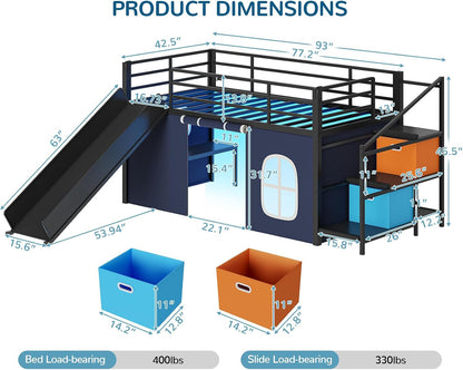 Twin Low Loft Bed with Slide and Safety Staircase, 2 Storage Drawers, Kids Twin Size Loft Bed with LED Lights, Under-Bed Play Tent, Built-In Desk, Metal Loft Bed with Safety Guardrail, Black and Blue2