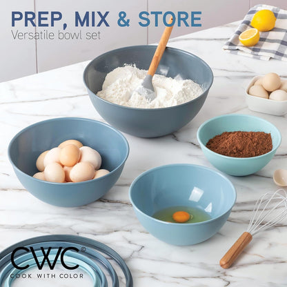 Mixing Bowls with Lids - 12 Piece Plastic Nesting Bowls Set Includes 6 Prep Bowls and 6 Lids, Microwave Safe Mixing Bowl Set, Blue Tritan Lid2