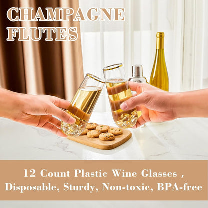 12PCS Plastic Champagne Flutes, 9 Oz Disposable Stemless Mimosa Glasses | Gold Rim, Fancy Wine & Cocktail Cups, Shatterproof, Bpa-Free, for Party, Wedding, Birthday, Bar, Bridal Shower & Toasting5