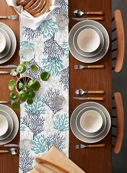 Tropical Coral Cotton Linen Rectangle Table Runners, Summer Coastal Kitchen Table Cloth Scarves, Beach Seaside Nautical Luxury Coffee Table Runner (Teal Blue Grey Coral,13X120 Inch)2