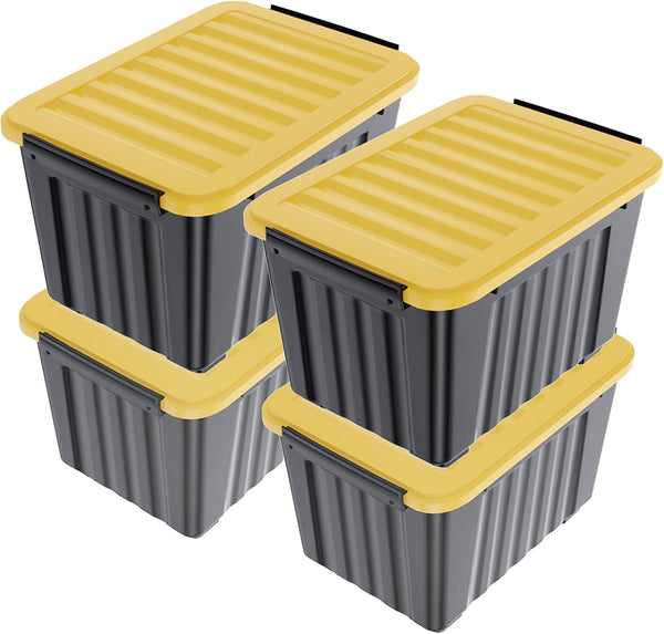 72 Quart Plastic Storage Bin, Stackable and Nestable Storage Boxes with Yellow Lids and Secure Latching Buckles, Large Storage Container (Black/Yellow, 72Quart-4Pack)1