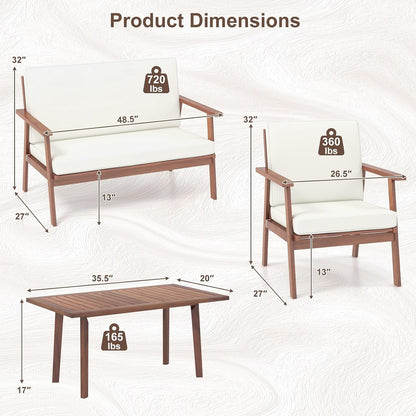 4 Piece Outdoor Conversation Set, Acacia Wood Sofa Set with Soft Seat & Back Cushions, Rectangle Coffee Table Patio Wood Furniture Set for Backyard, Poolside, Garden (1, off White)5
