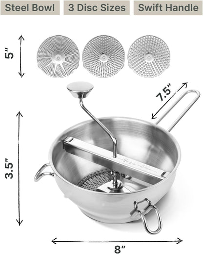 Hungry Artisan Stainless Steel Food Mill for Tomato Sauce & Canning | 3 Interchangeable Discs, Ergonomic Rotary Hand Crank; for Applesauce, Baby Food, Mashed Potatoes & Purees8