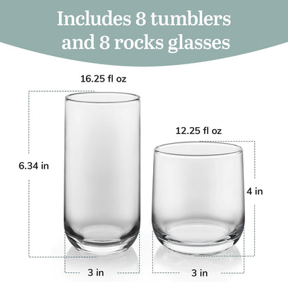 Ascent Tumbler & Rocks Drinking Glasses Set of 16, Clear Glass Cups | 16.25 Oz & 12.25 Oz Capacities Glasses for Water, Juice, Cocktails, and More with Curved Design and Dishwasher-Safe Care3