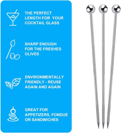 15PCS Cocktail Picks, Stainless Steel Cocktail Toothpicks 4.3 in | Reusable Garnish Sticks, Bloody Mary Skewers, Metal Martini Picks for Olives, Drinks, Appetizers, Fruit, Bar Accessories4